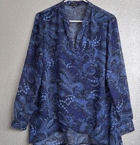 Notations Sheer Blue Print That Sparkles Blouse   Size M